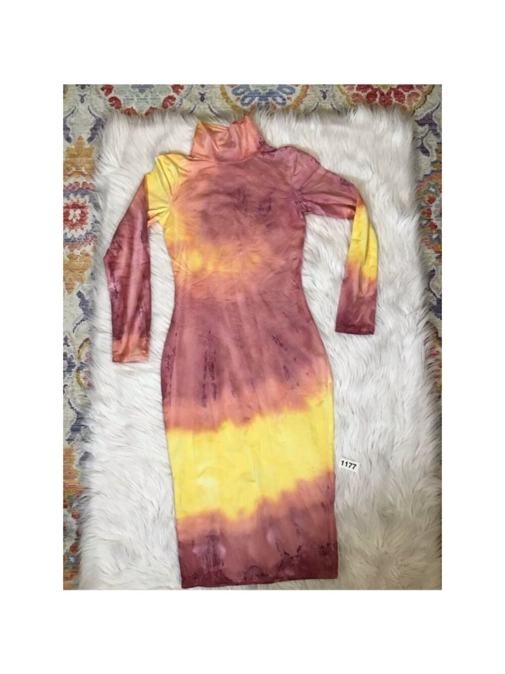Vestidos Womens Bodycon Dress SM Stretch Yellow Tie Dye Midi Turtleneck Sexy